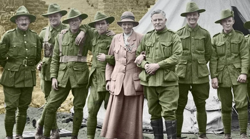 Group portrait with troops. Colourised image supplied by site owner; identities and original attribution are not established.
